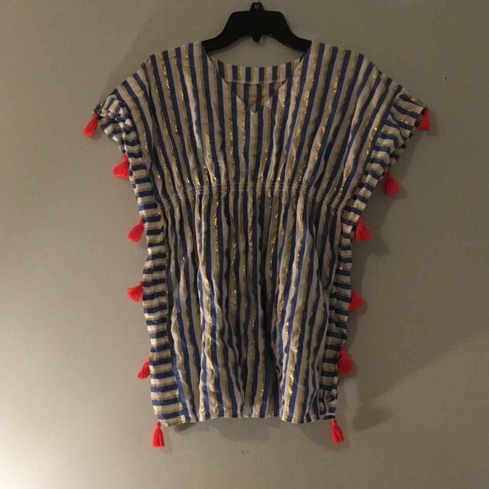 Cat & Jack Blue, Gold, & White Striped Tassel Swim Coverup